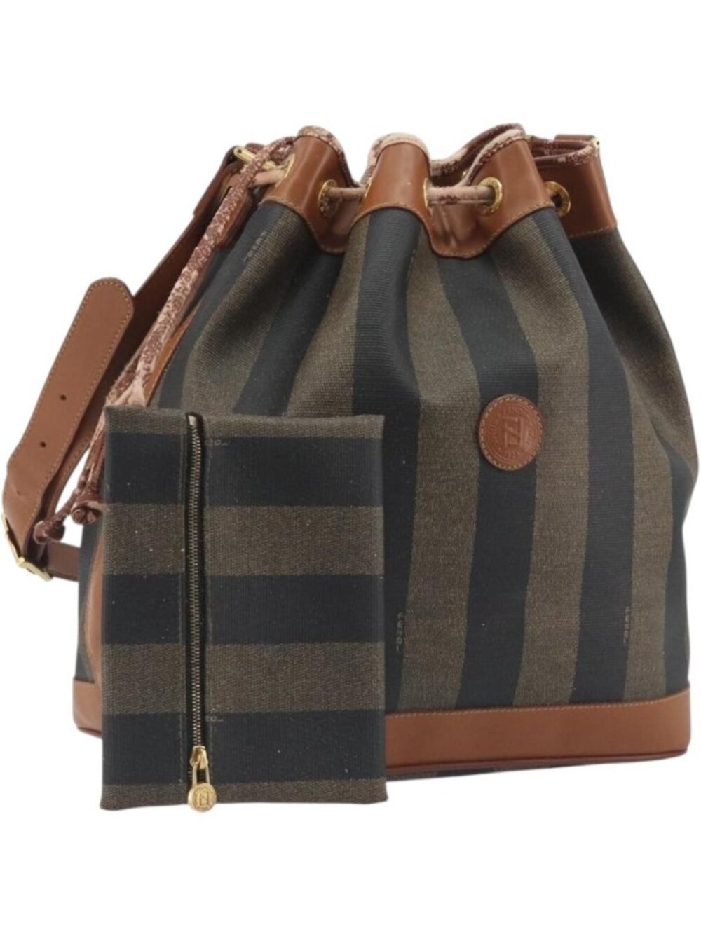 FENDI Pecan Shoulder Bag PVC Leather Black Gold Tone